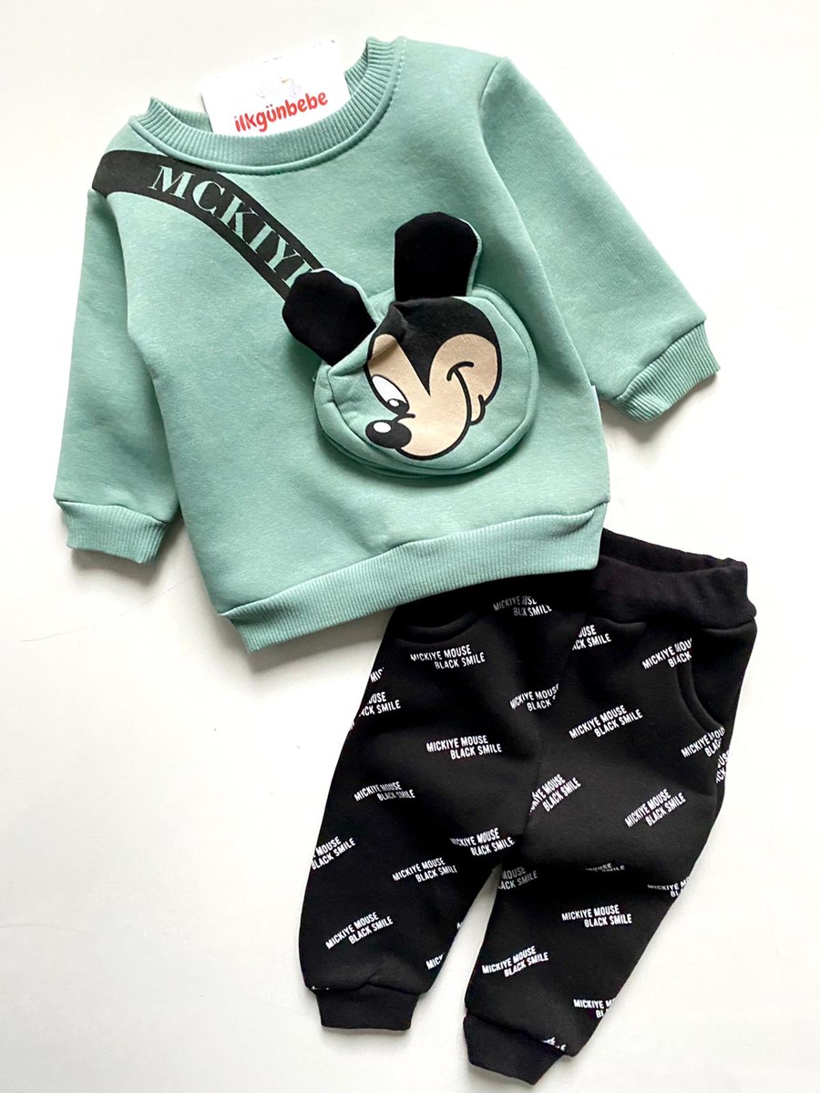 Mickey Mouse Black Smile Çanta Detaylı 3İp Polar Kışlık Unisex Takım