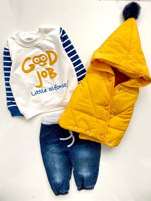 Good Job Şişme Yelekli Kolları Çizgili Badili Kot Pantalonlu Şık Takım