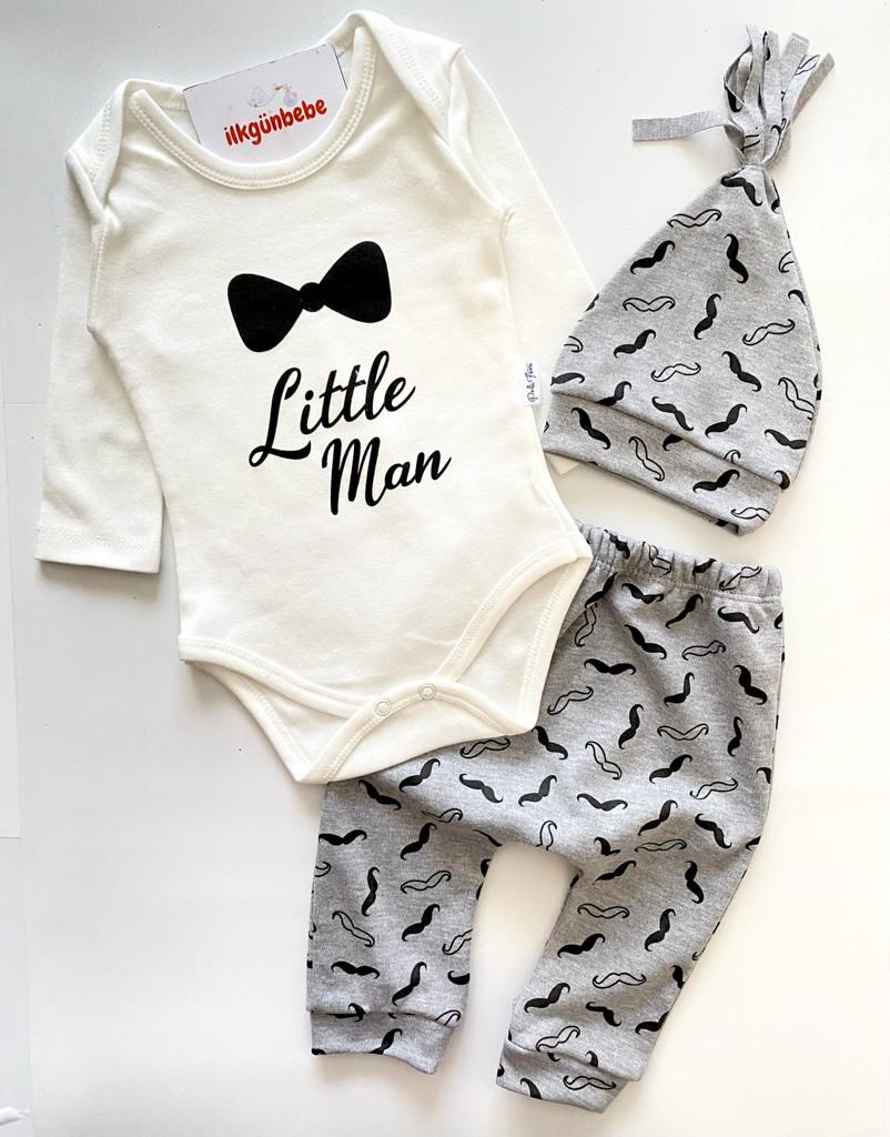 Little Man Baskılı 3'Lü Şapkalı Mevsimlik Takım 