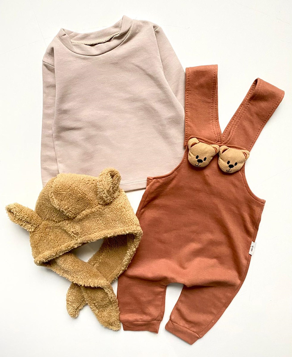 Oyuncak Ayılı Düğmeli Welsoft Şapka Badili Salopet Set 