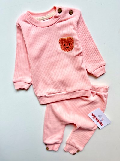 Bear Baskılı Yandan Düğmeli Ribanalı Kumaş Mevsimlik 2’li Takım