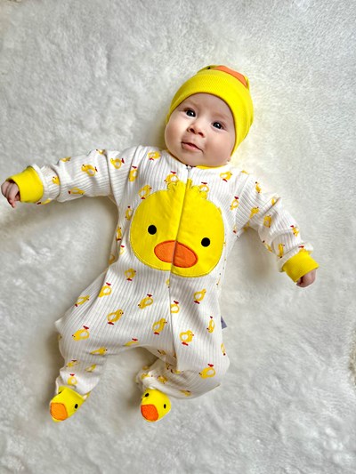 Civciv Desenli Ayaklı Şapkalı Unısex Mevsimlik Tulum