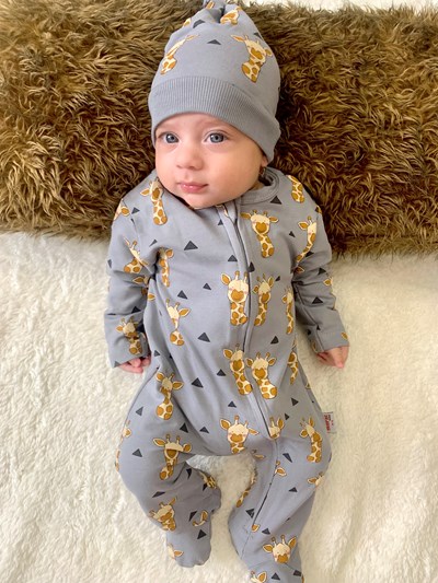 Zürafa Baskılı Fermuarlı Şapkalı Patikli Tulum