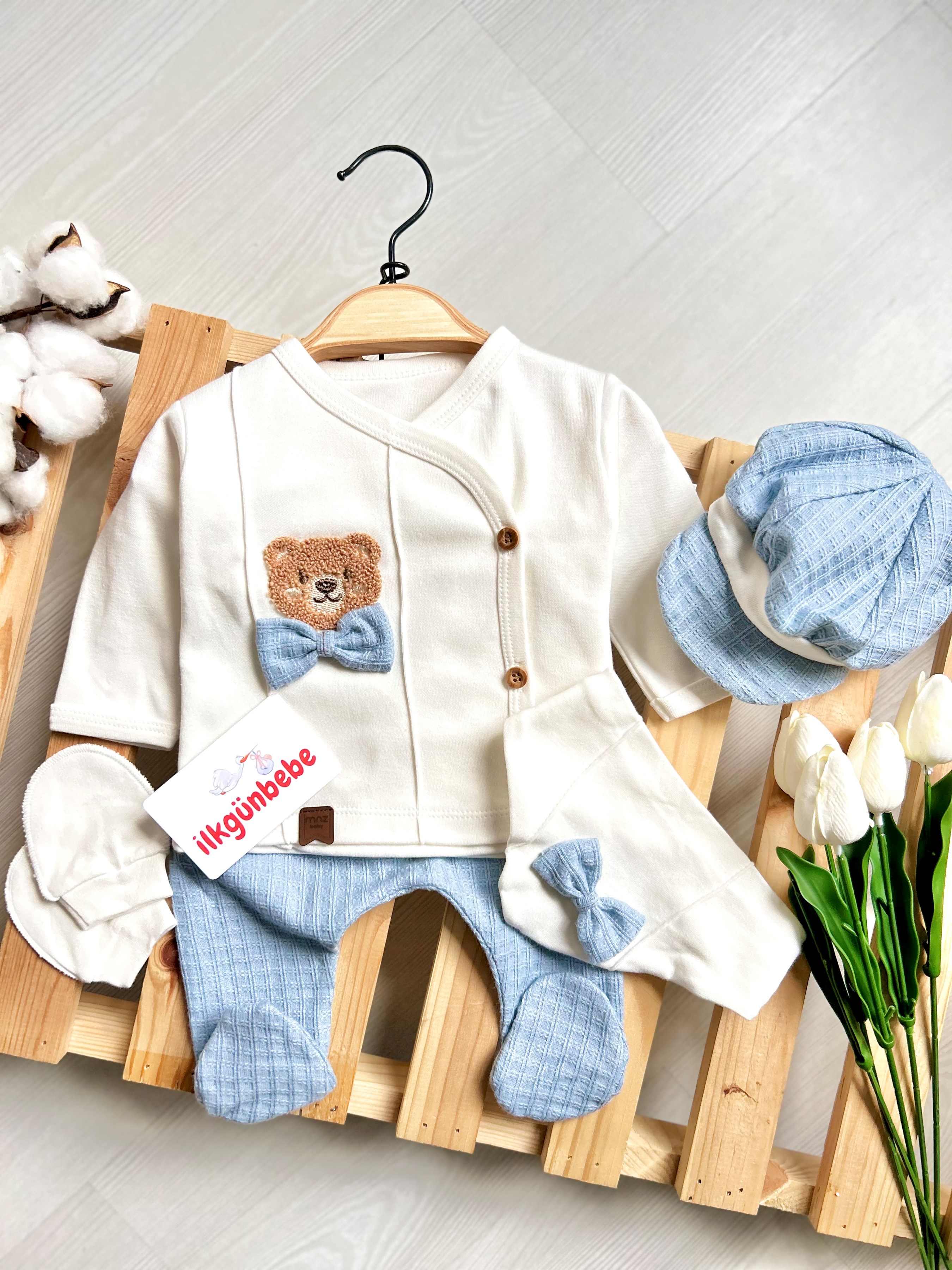 Bear Kasketli %100 Pamuk 5’li Yenidoğan Hastane Çıkışı Seti