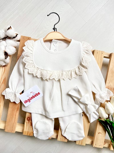 Fisto Dantel Yaka Detaylı Bandanalı Patikli 3’lü %100 Pamuk Waffle Kumaş Takım