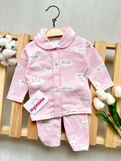 Bebe Yakalı Bulut Baskılı %100 Pamuk Pijama Takımı