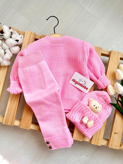 Selanik Örgüsü Triko Kazaklı Kışlık Taytlı Oyuncak Ayılı Şapkalı 3’lü Kışlık Takım