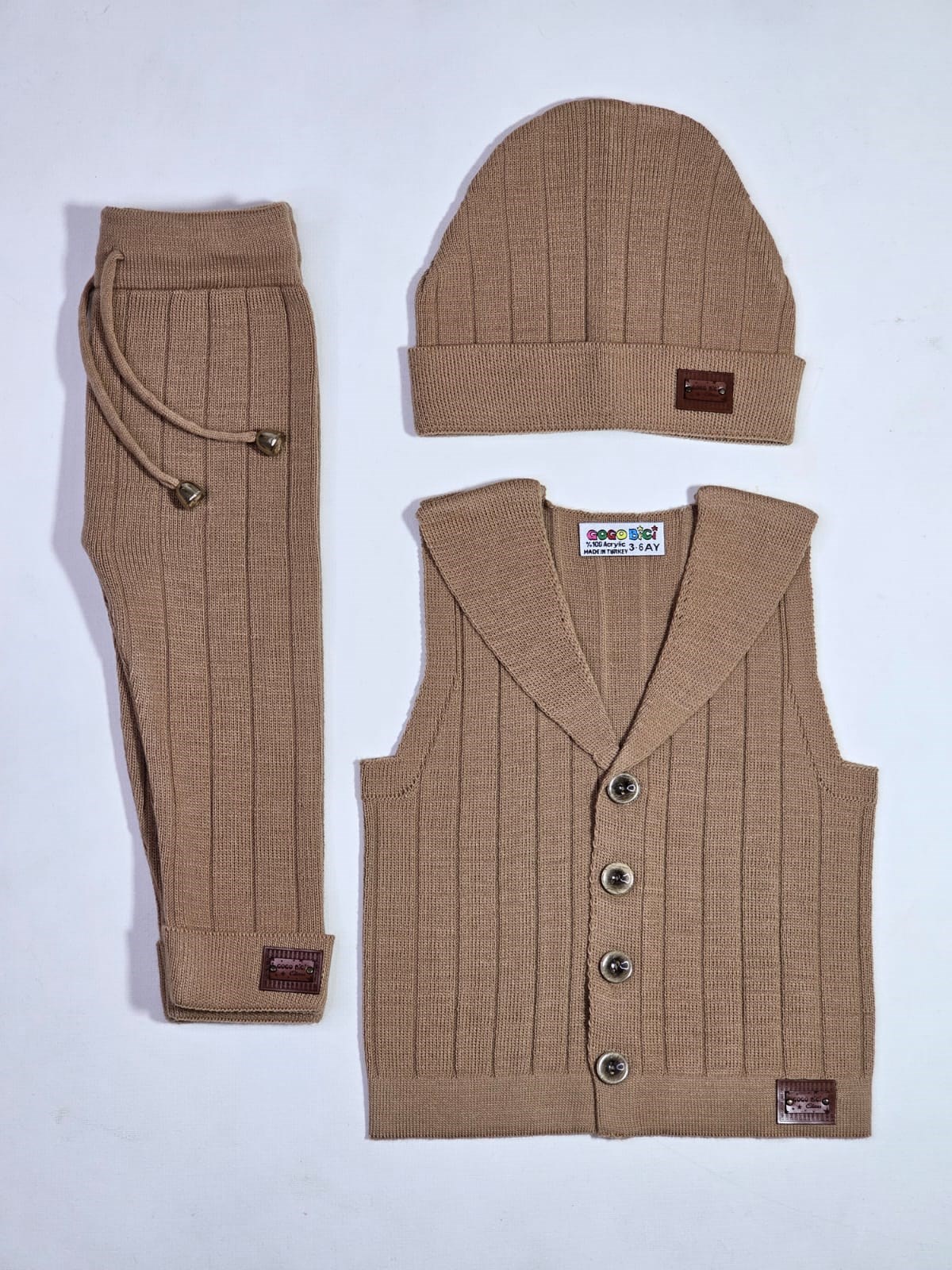 Triko Yelekli Şapkalı Taytlı 3’lü Unisex Tarz Takım