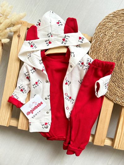 I Love Mom Dad Baskılı Fitilli Kumaşlı Kapüşonlu Hırkalı 3’lü Takım