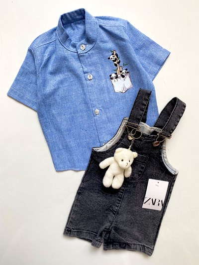 Orijinal Zara Oyuncak Ayılı Kot Slopetli Gömlekli 2’li Takım