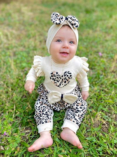 Kalp Leopar Desenli Fiyonklu Kol Detaylı Bandanalı %100 Pamuk Tulum