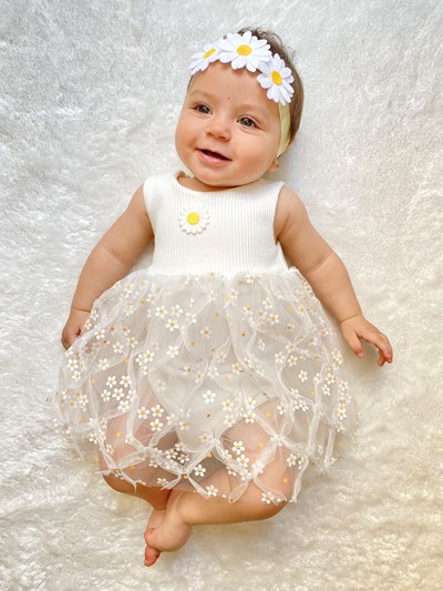 Minik Papatya Baskılı Alttan Çıtçıtlı Tüllü Elbise