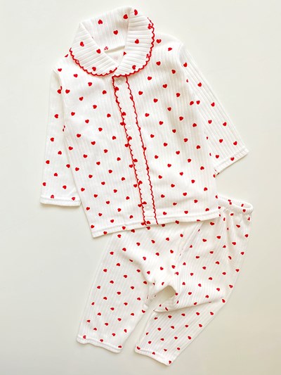 Minik Kalp Desenli Çıtçıtlı Düğmeli 2’Li Ribanalı Esnek Kumaş Pijama