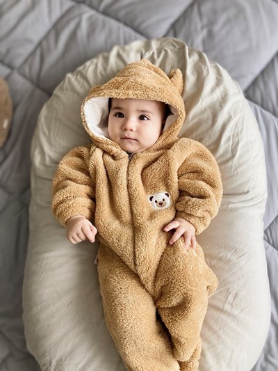 Bear Detaylı Ayaklı Kapşonlu Welsoft Unisex Tulum