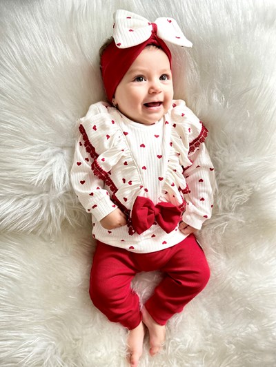 Fiyonk Detaylı Minik Kalp Baskılı Bandanalı 3’lü %100 Pamuk Ribanalı Kumaş Takım