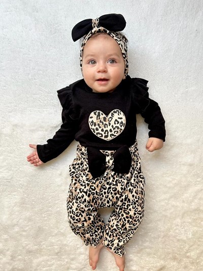 Leopar Kalp Desenli Fiyonk Detayli Bandanali 3'lü Mevsimlik Takim