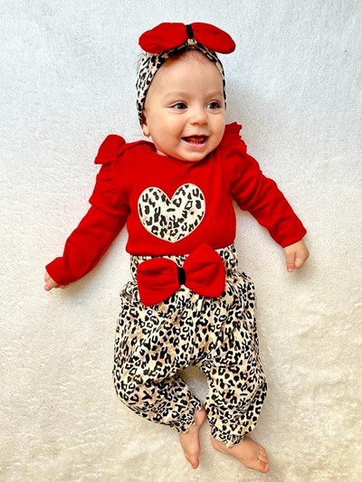 Leopar Kalp Desenli Fiyonk Detayli Bandanali 3'lü Mevsimlik Takim