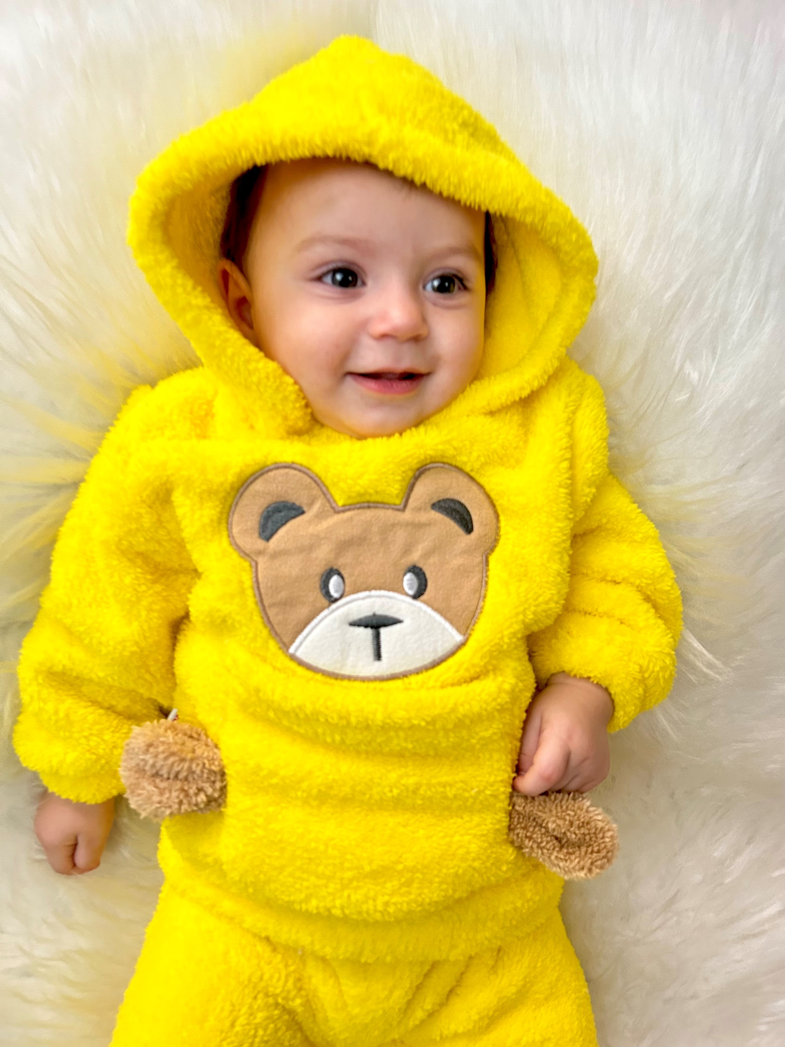Welsoft Peluş Ayıcık Desenli Önden Cepli Kapşonlu 2’li Kışlık Takım