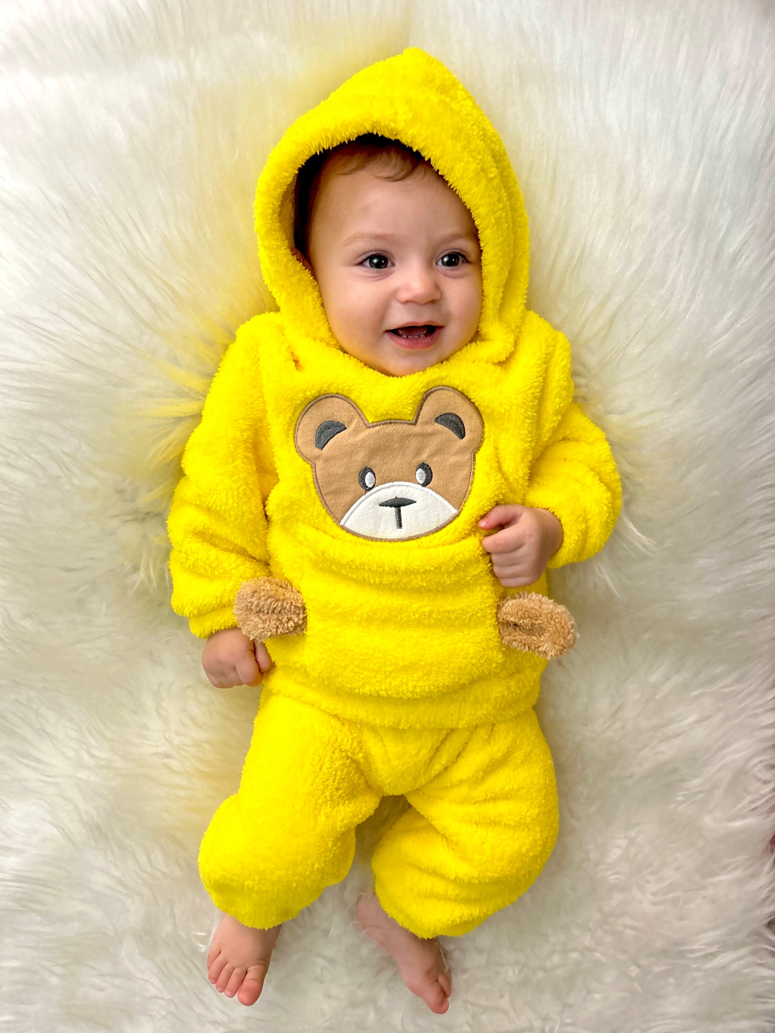 Welsoft Peluş Ayıcık Desenli Önden Cepli Kapşonlu 2’li Kışlık Takım