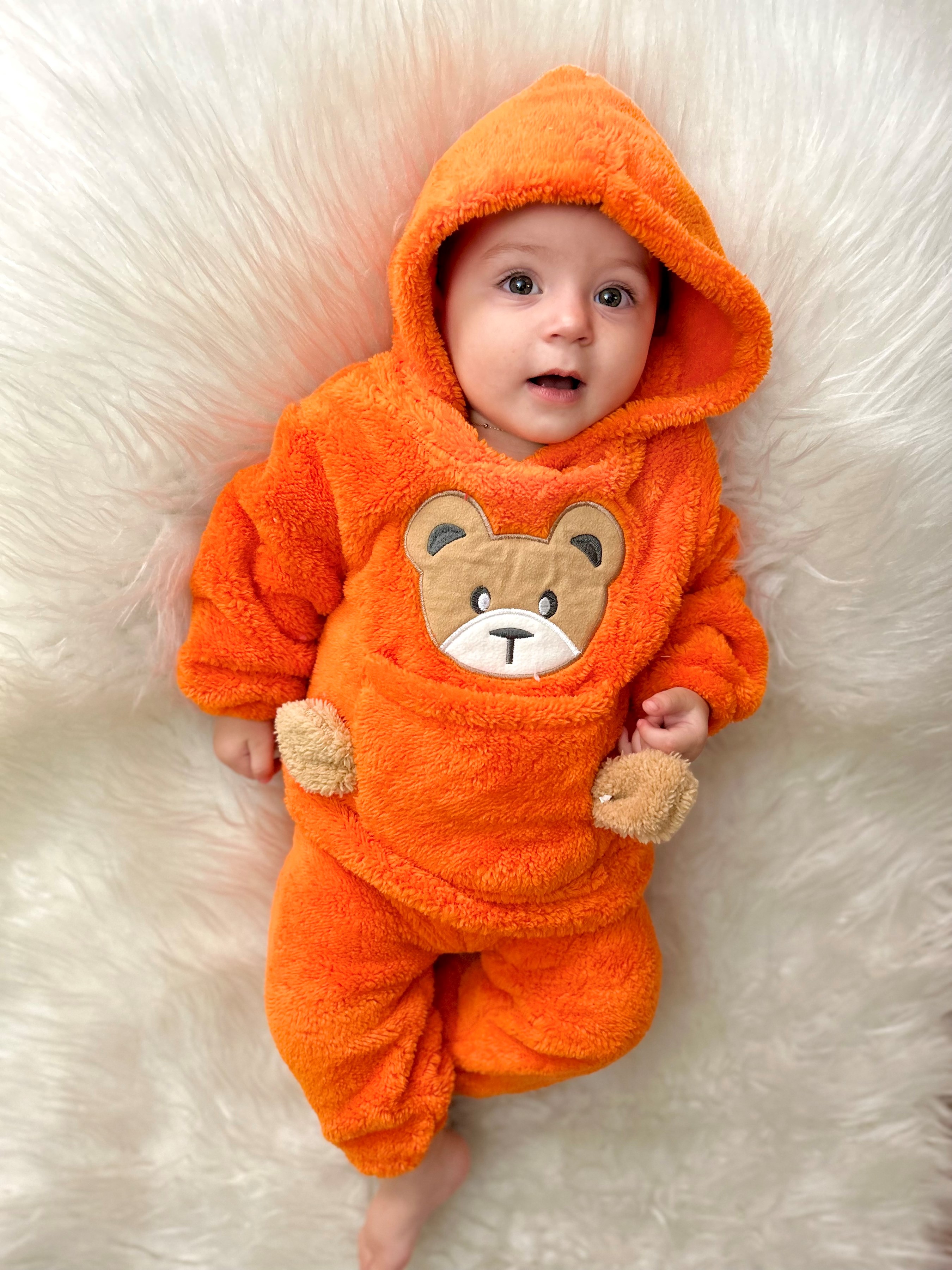 Welsoft Peluş Ayıcık Desenli Önden Cepli Kapşonlu 2’li Kışlık Takım