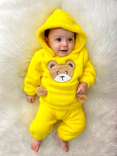 Welsoft Peluş Ayıcık Desenli Önden Cepli Kapşonlu 2’li Kışlık Takım