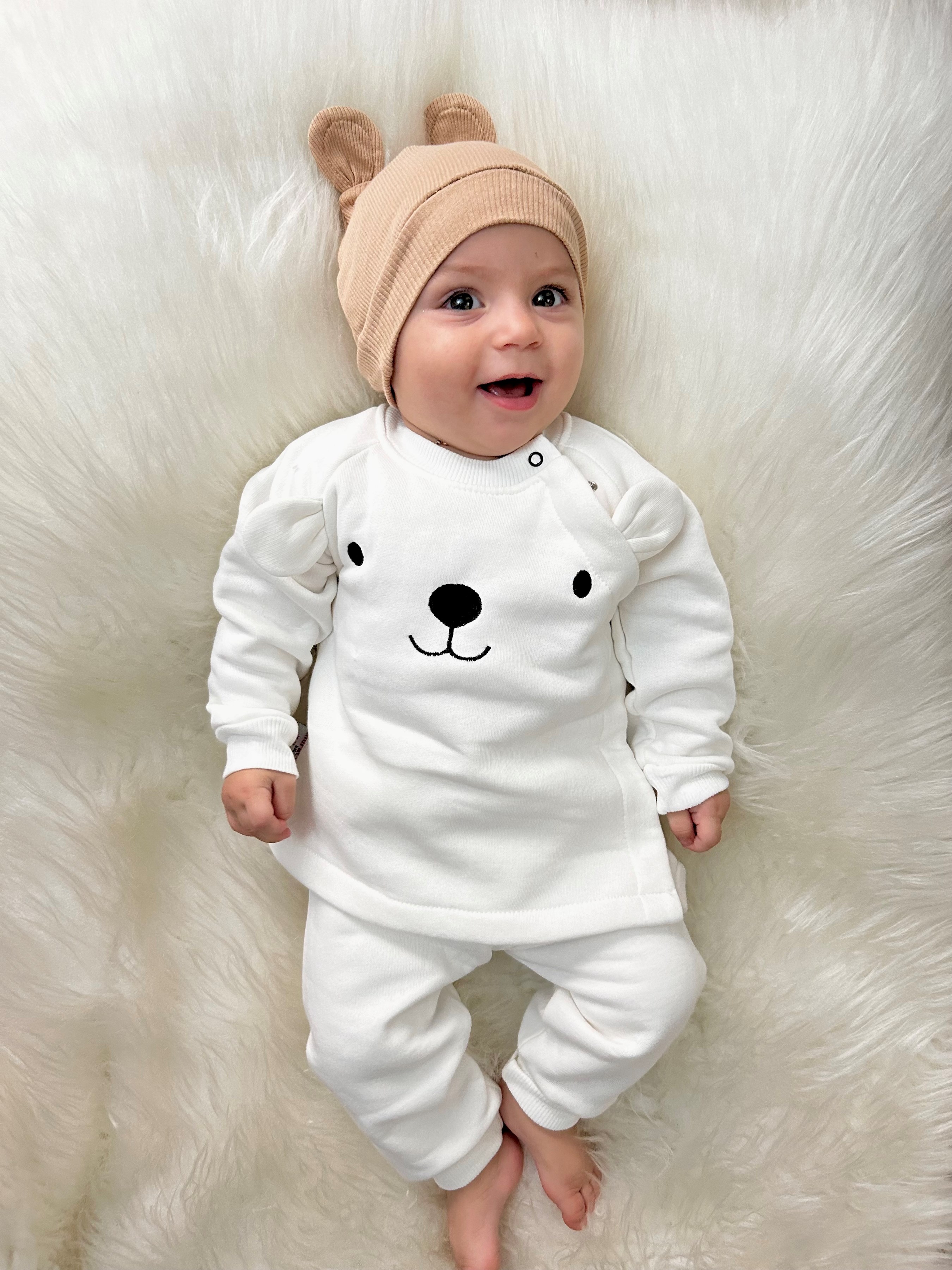 Sevimli Köpek Baskılı Önden Çıtçıtlı 3 İp Polarlı Şapkalı 3’lü Takım