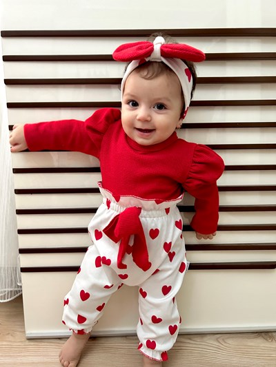 Balon Kollu Kalp Nakışlı Bandanalı 3’lü %100 Pamuk Takım