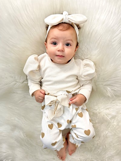 Balon Kollu Kalp Nakışlı Bandanalı 3’lü %100 Pamuk Takım