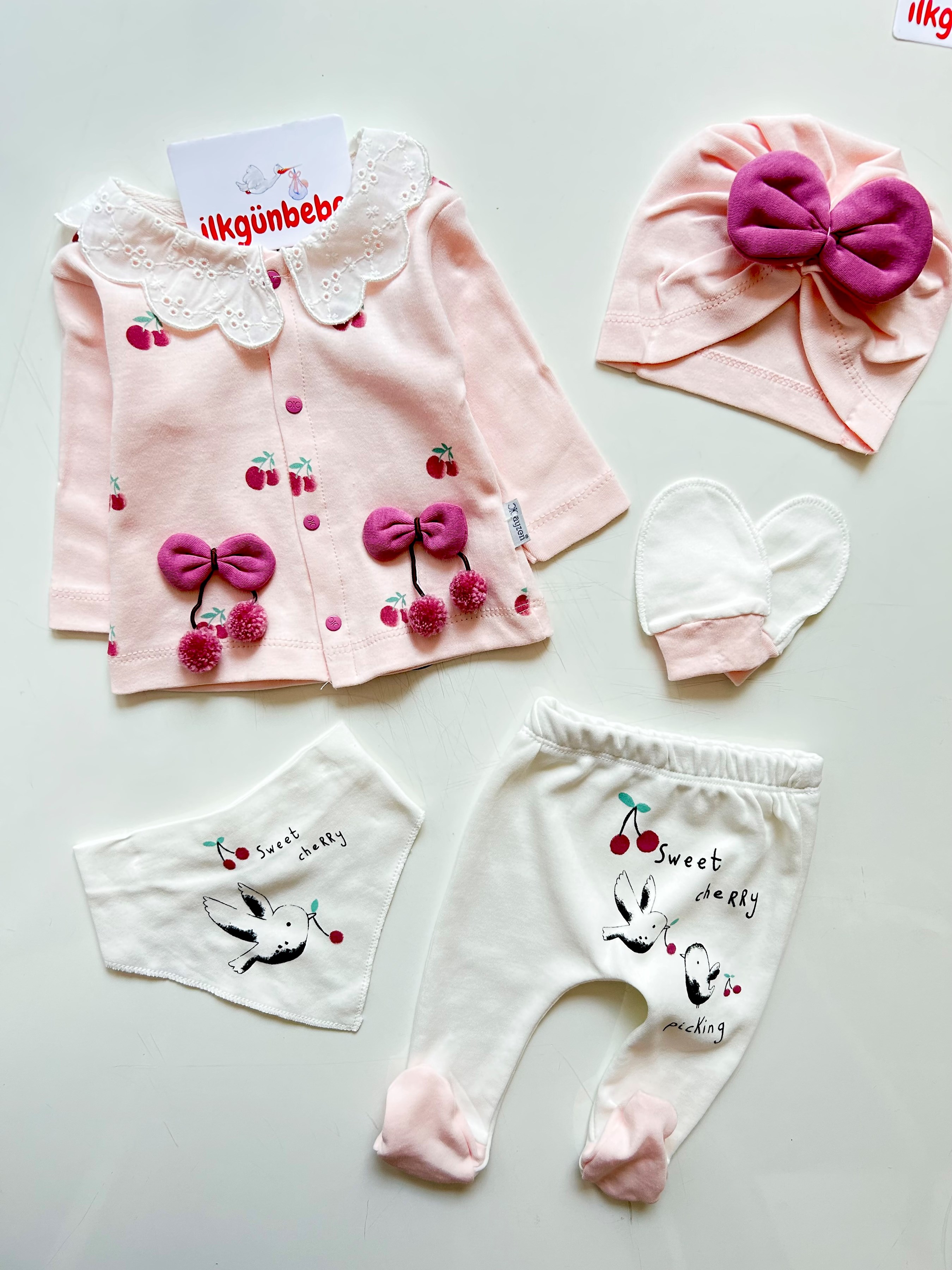 Sweet Cherly %100 Pamuk Kirazlı 5'Li Yenidoğan Hastane Çıkışı 