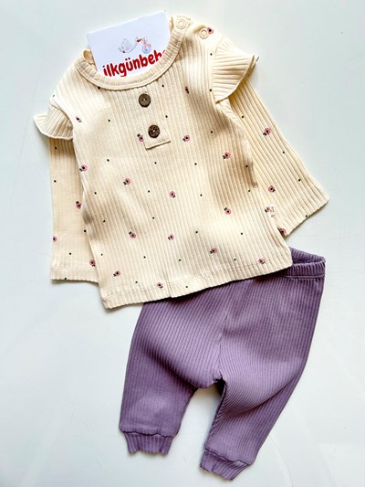 Bahar Çiçek Desenli Esnek Ribanalı Kumaş Ahşap Düğme Detaylı 2’li Mevsimlik Takım