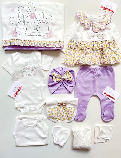 Sevimli Tavşan Çiçek Desenli 10 Parça %100 Pamuk Yenidoğan Hastane Çıkışı Seti