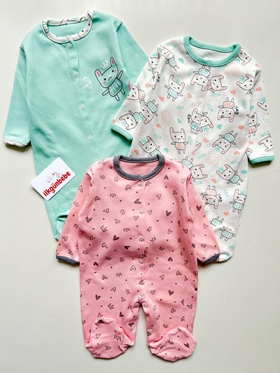 Sevimli Kalpler Desenli %100 Pamuk 3’lü Tulum Seti