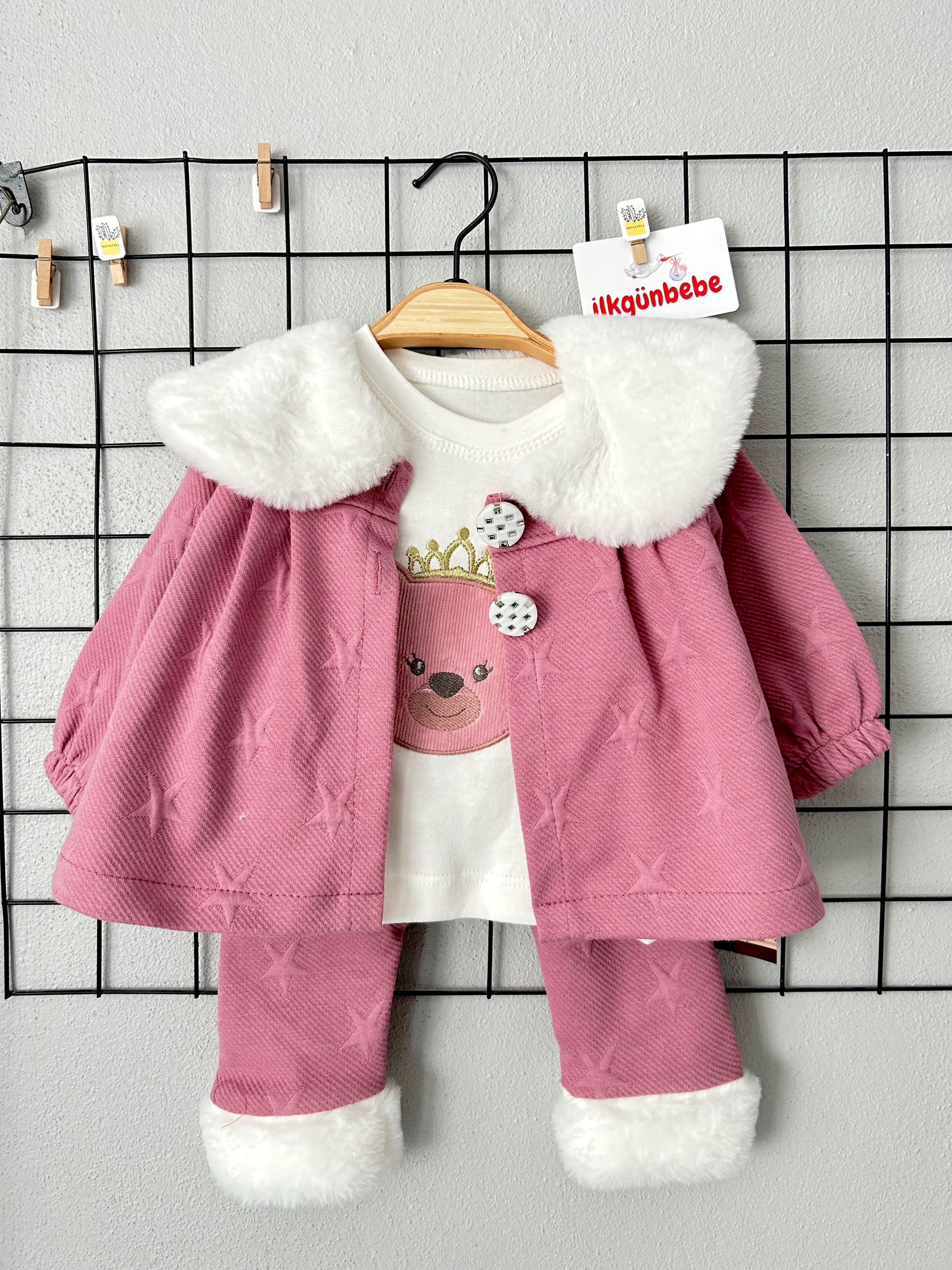 Kraliçe Bear Peluş Hırkalı Kışlık Yumuşaçık Kumaş Pamuklu 3’lü Takım