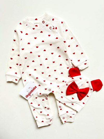 Minik Kalp Baskılı Fiyonklu Şapkalı Mevsimlik Tulum