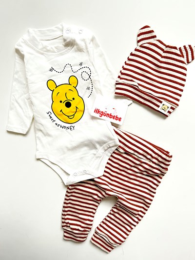 Pooh Sweet Honey Çizgili Baskılı Ribanalı Kumaş Zıbınlı Şapkalı 3’lü Takım