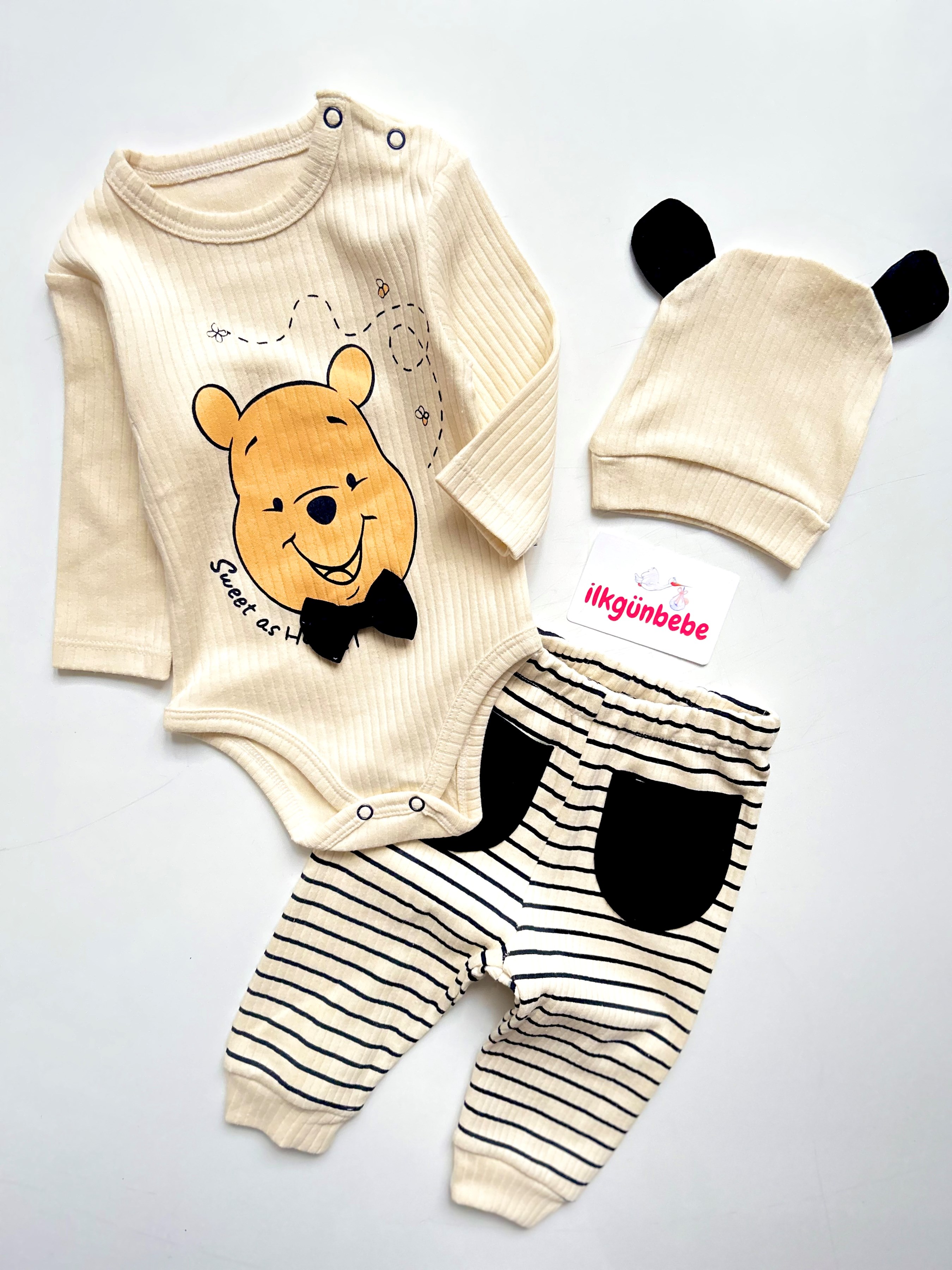 Sweet Honey Pooh Baskılı %100 Pamuk Ribanalı Kumaş 3’lü Takım