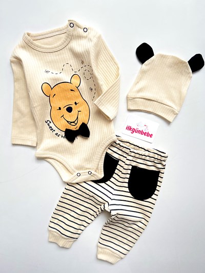 Sweet Honey Pooh Baskılı %100 Pamuk Ribanalı Kumaş 3’lü Takım