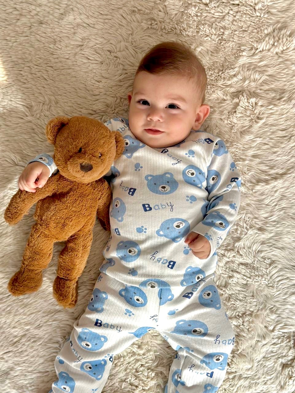 Bear Happy Baskılı %100 Pamuk Mevsimlik Pijama