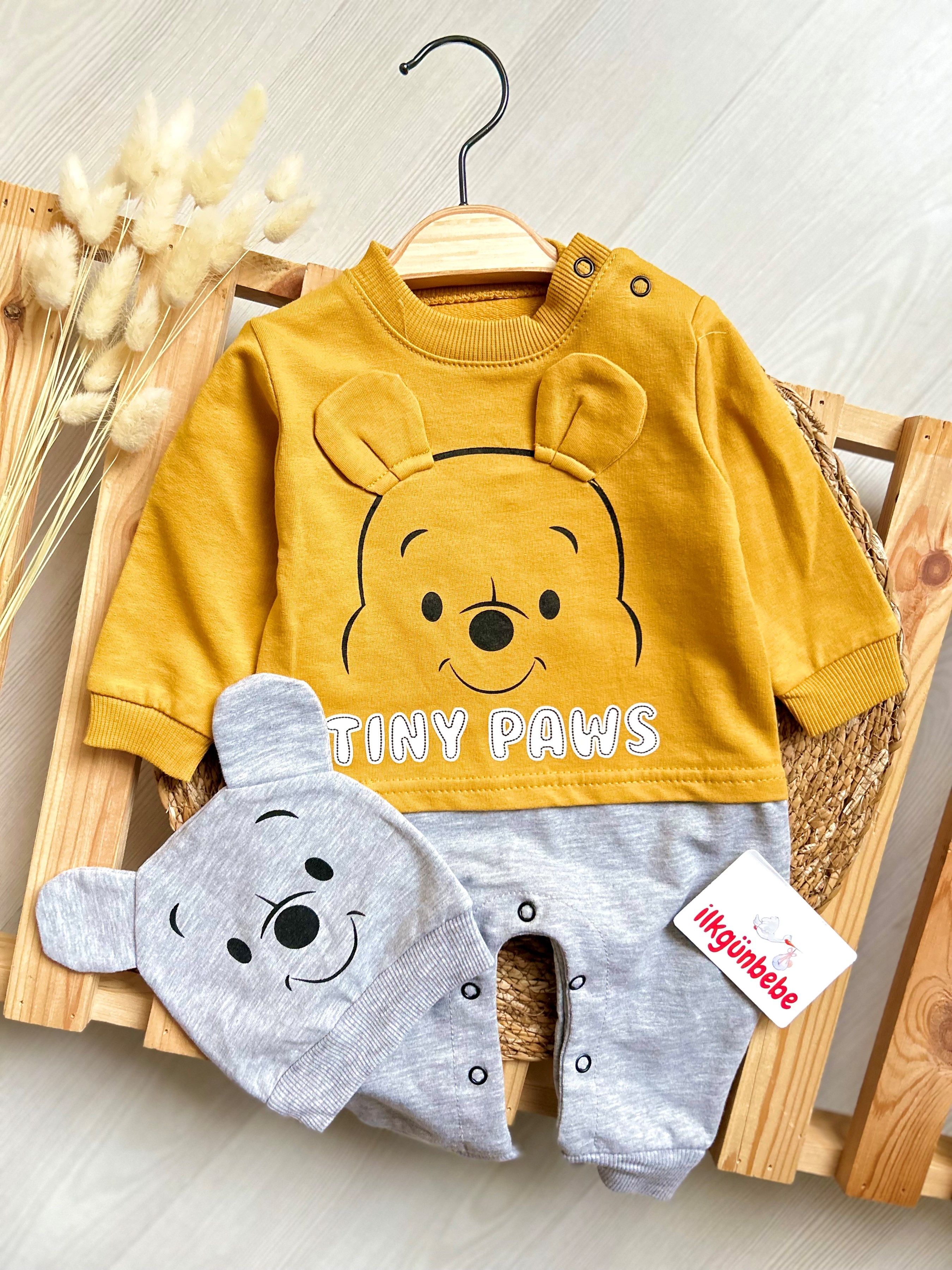 Tiny Pows Baskılı Pooh Şapkalı Unisex Tulum