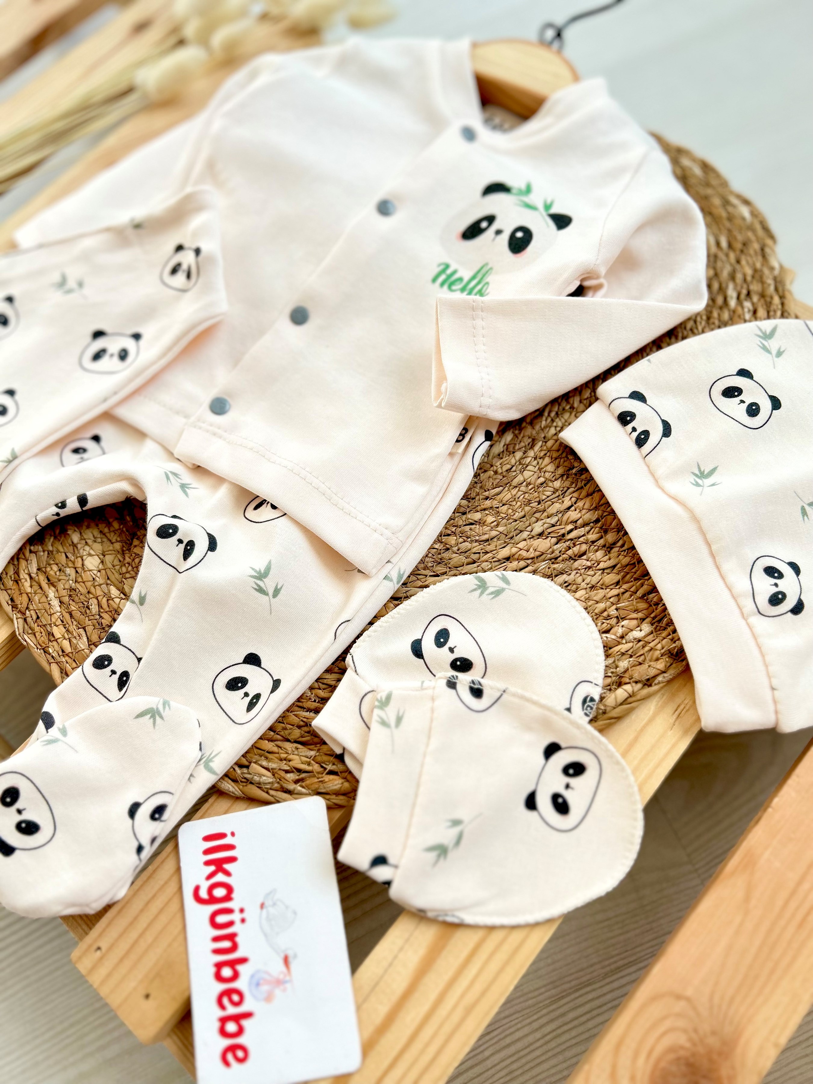 Panda Temalı Organik %100 Pamuk 5 Parça Yenidoğan Set