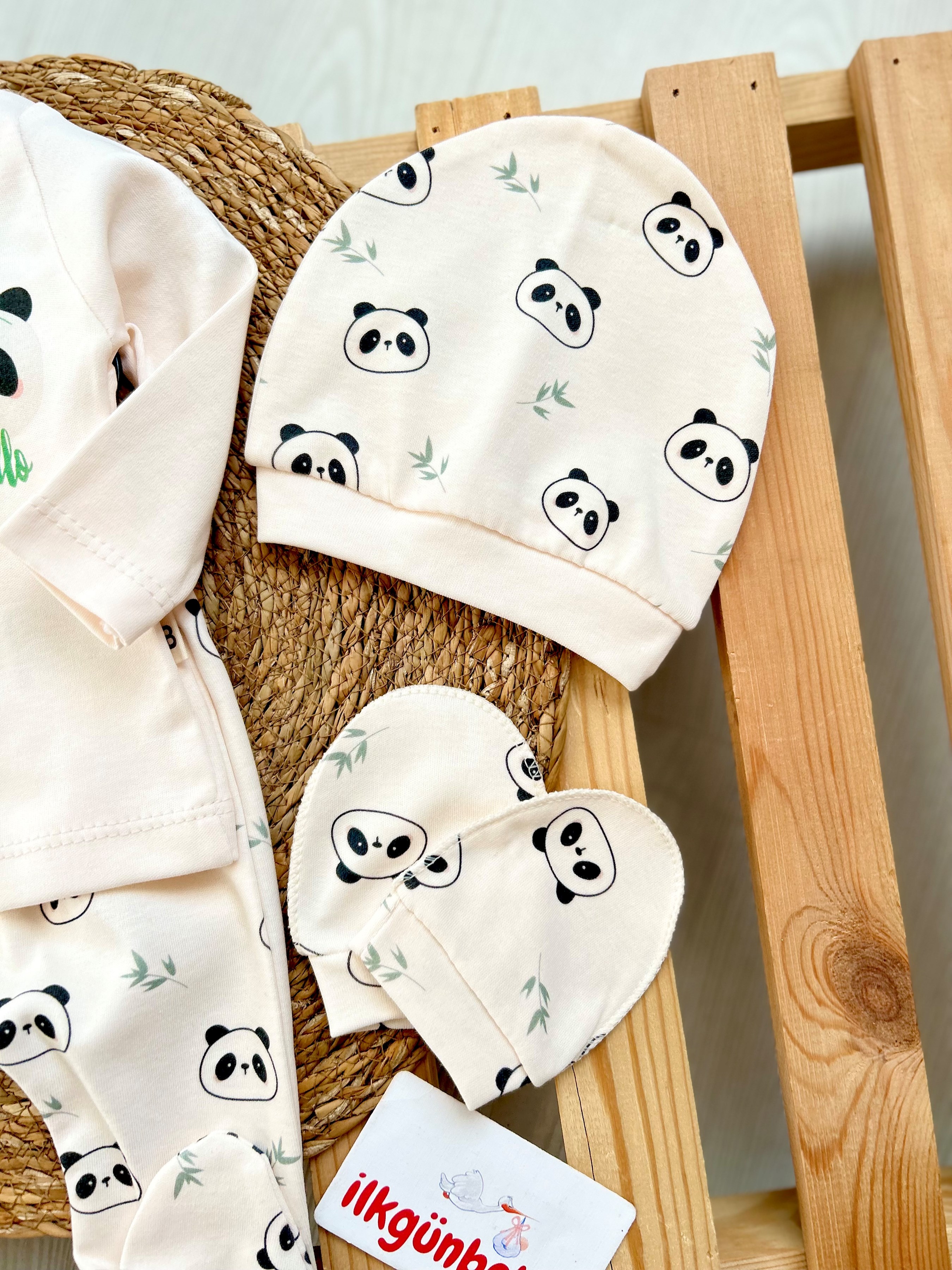 Panda Temalı Organik %100 Pamuk 5 Parça Yenidoğan Set