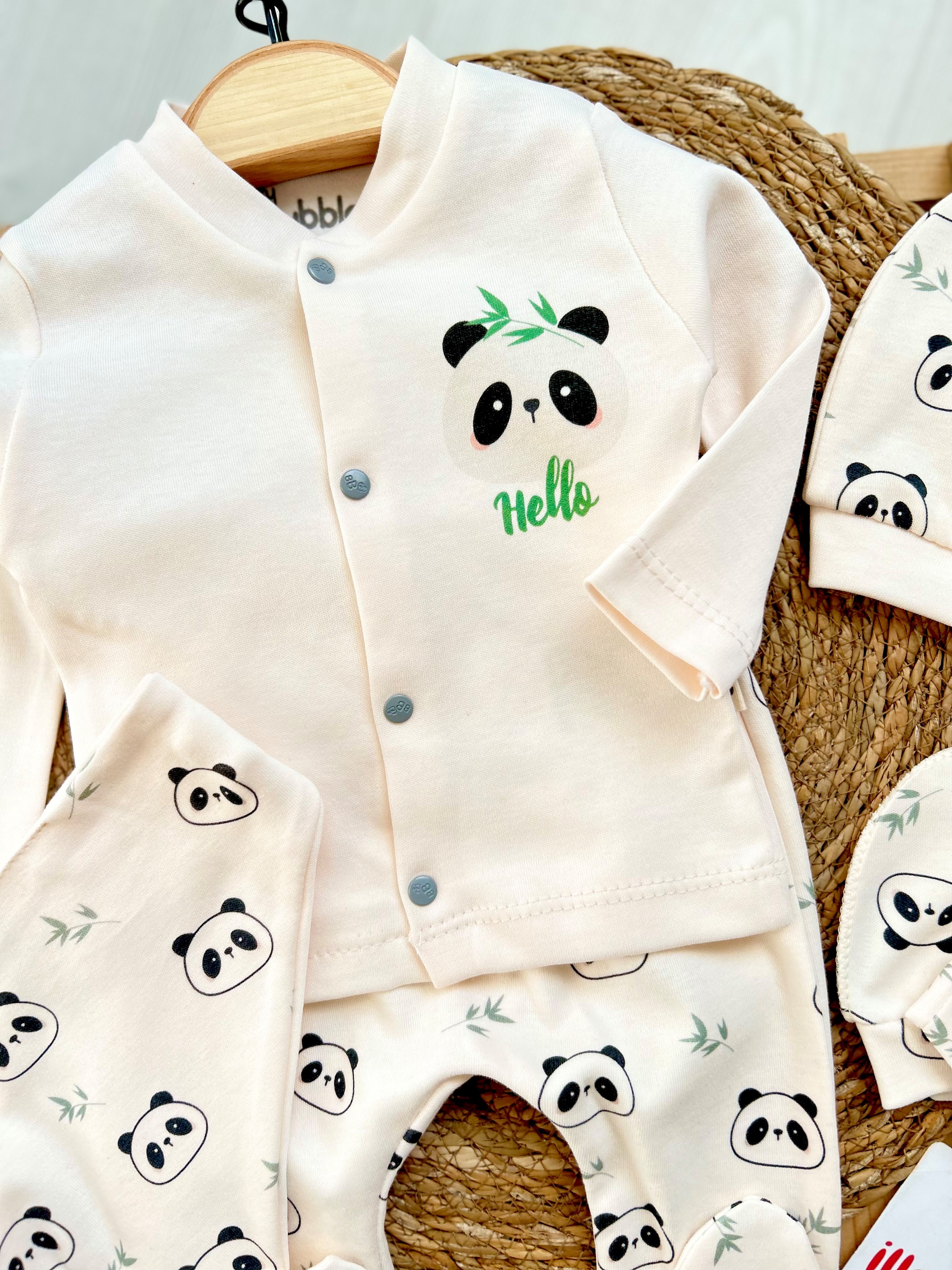 Panda Temalı Organik %100 Pamuk 5 Parça Yenidoğan Set