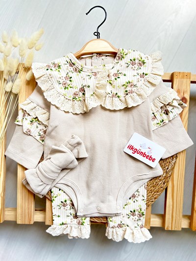 Çiçek Desenli Fisto Yakalı Waffle Kumaş Bandanalı 3’lü Premium Takım