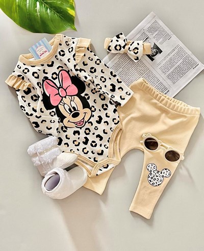 Minnie Mouse Baskılı Bandanalı Leopar Detaylı 3’lü %100 Pamuk Takım