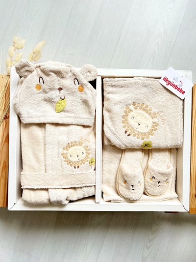 Lion %100 Pamuk Organik Kumaş Premium Kaliteli Terlikli Bornoz Set