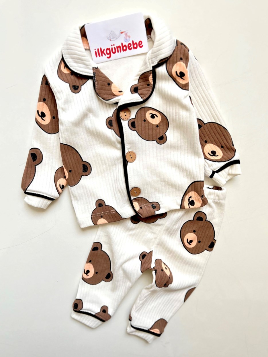 Bear Baskılı %100 Pamuk Yumuşaçık Kumaş Bebe Yakalı Pijama Takımı