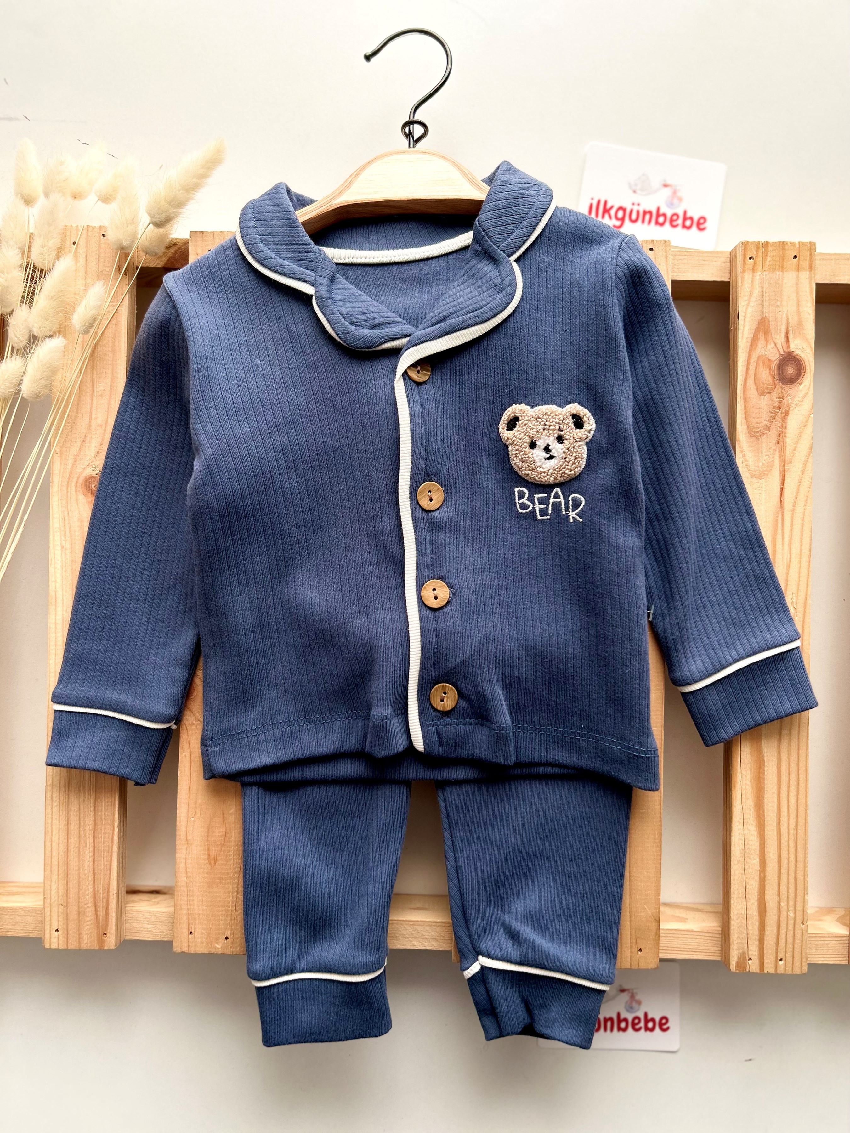 Bear Baskılı Süzene 2’li Bebe Yakalı Pijama Takımı