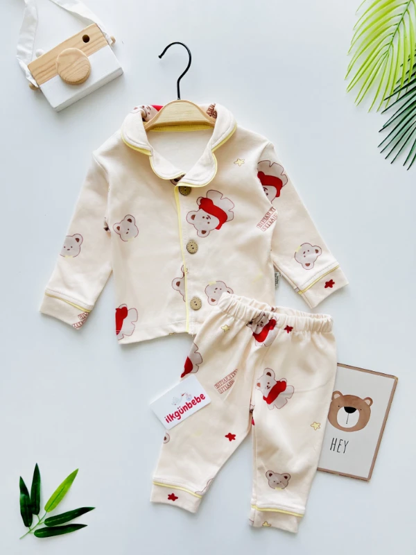  Teddy  Bebe Yakalı %100 Pamuk Yumuşacık Kumaş 2’li Unisex Pijama Takımı 