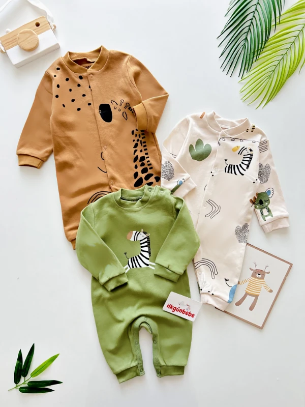 Safari Sevimli Hayvanlar Temalı %100 Pamuk 3’lü Mevsimlik Tulum Set