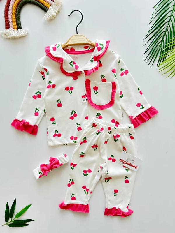 Lale Temalı Bebe Yakalı %100 Pamuk Fırfır Detaylı Bandanalı 3’lü Pijama Takımı